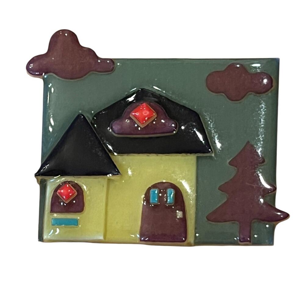 House Pins By Lucinda Vintage 1990s Brooch Signed W/ Sticker Colorful 2.25”
